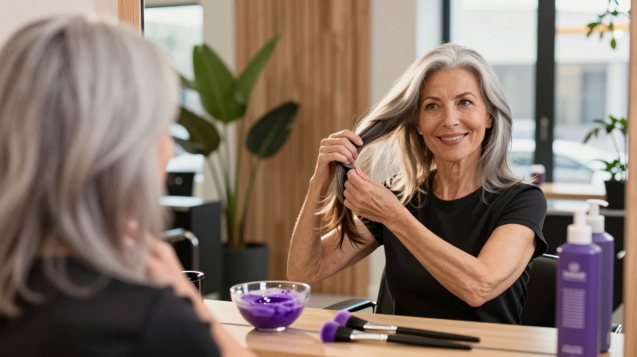 Femme aux cheveux gris souriante se coiffant devant un miroir dans un salon lumineux avec produits capillaires violets.