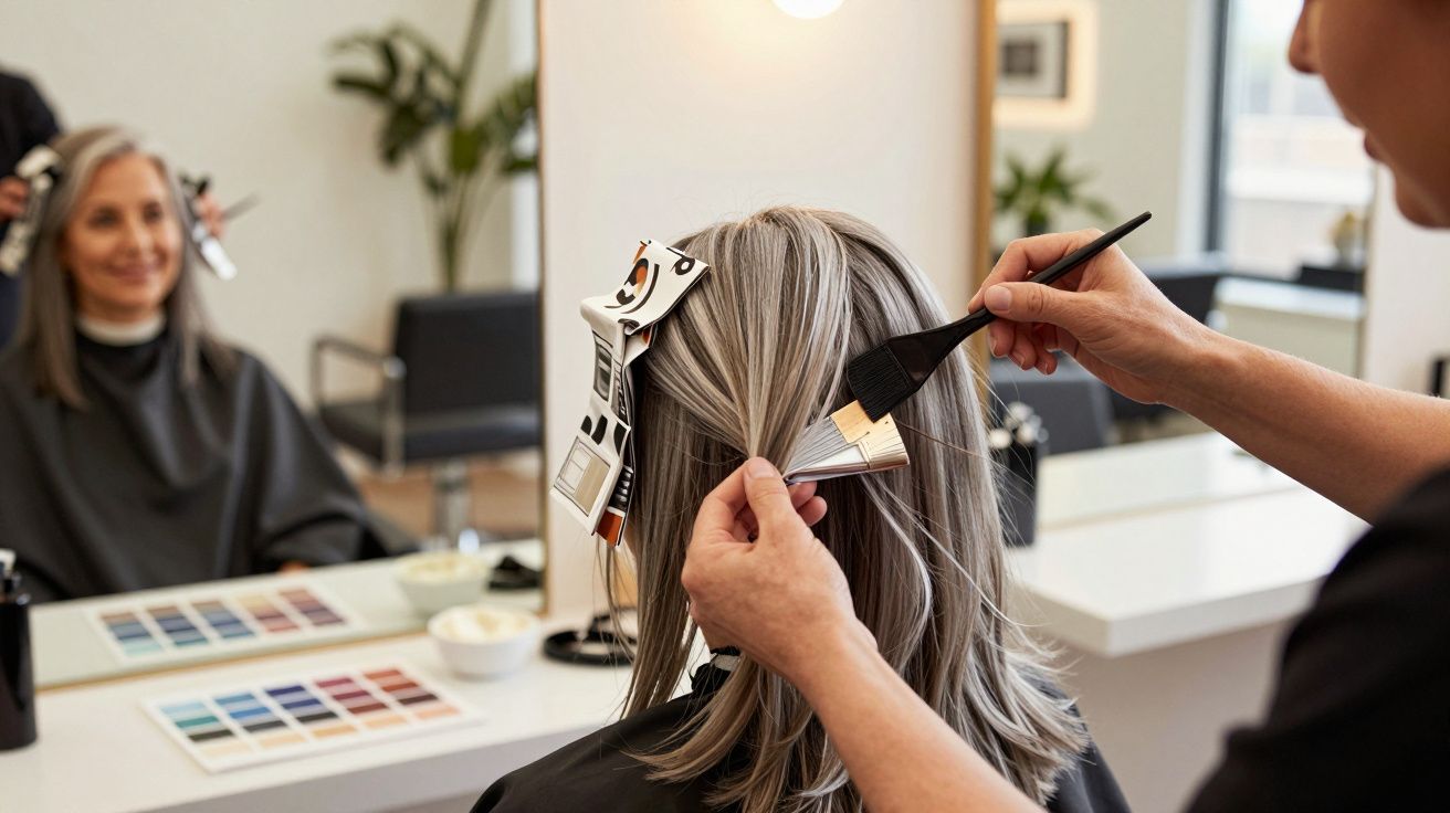 Coiffeur appliquant une couleur sur cheveux gris d'une femme dans un salon, avec nuancier et miroir.