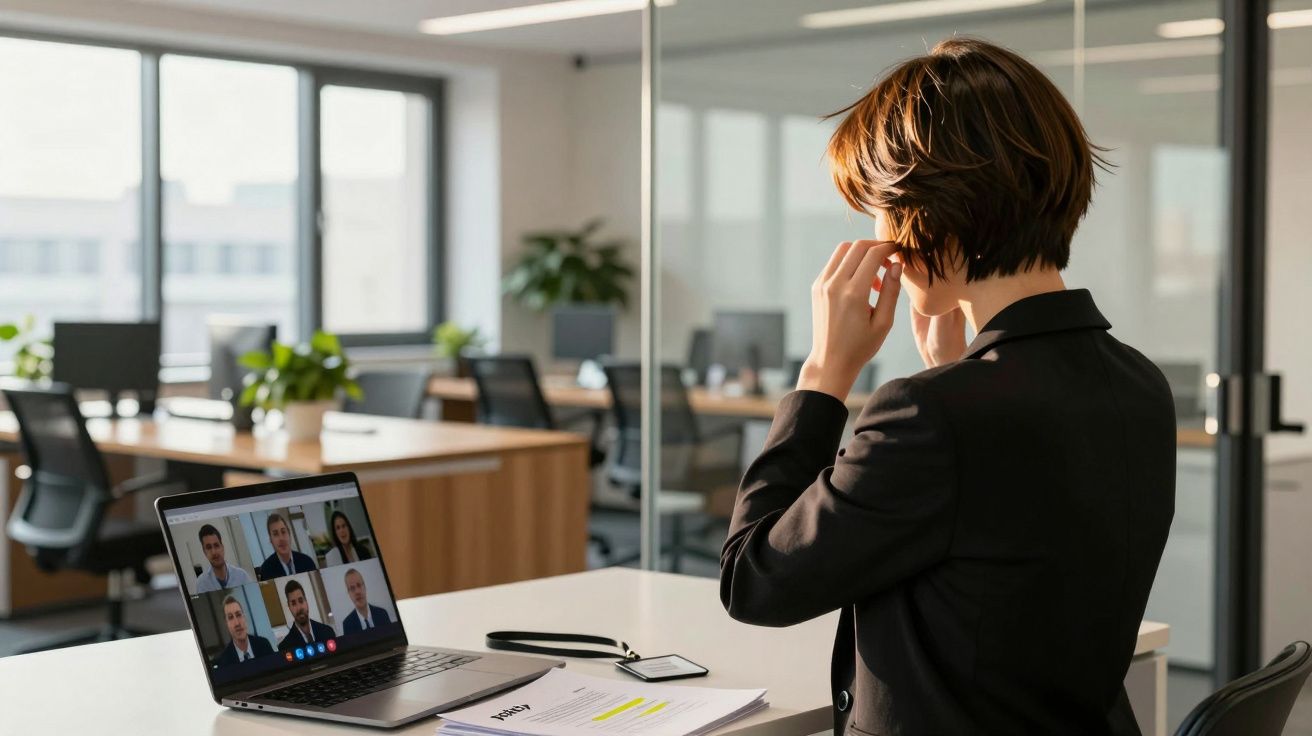Femme en réunion vidéo dans un bureau moderne, portant un casque audio et regardant l'écran d'un ordinateur portable.