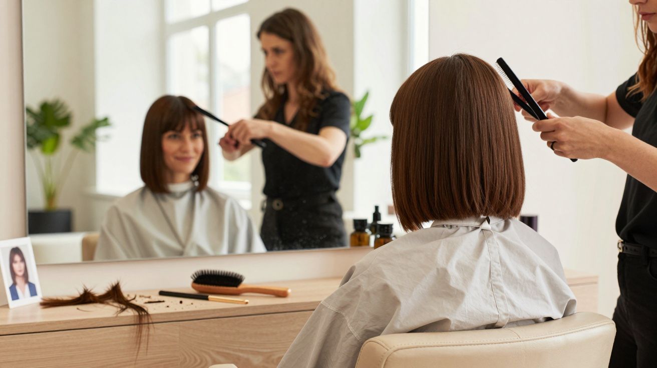 Femme aux cheveux mi-longs bruns assise chez le coiffeur recevant une coupe de cheveux.