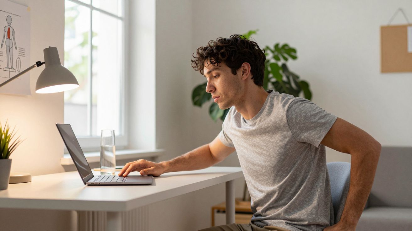 Jeune homme travaillant sur un ordinateur portable à une table blanche près d'une fenêtre lumineuse.