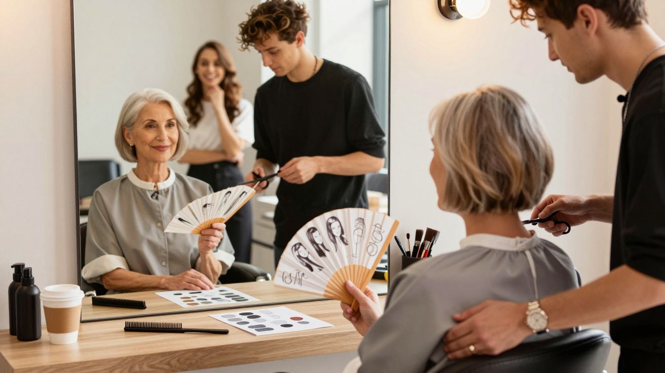 Femme âgée en salon de coiffure consultante avec coiffeur pour choix de coiffure devant miroir.