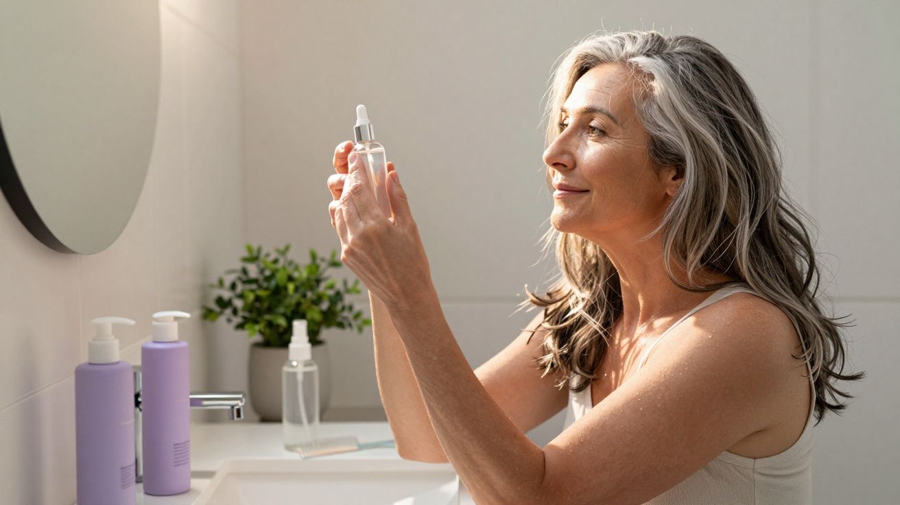 Femme d'âge mûr examinant un flacon de sérum dans une salle de bain lumineuse.