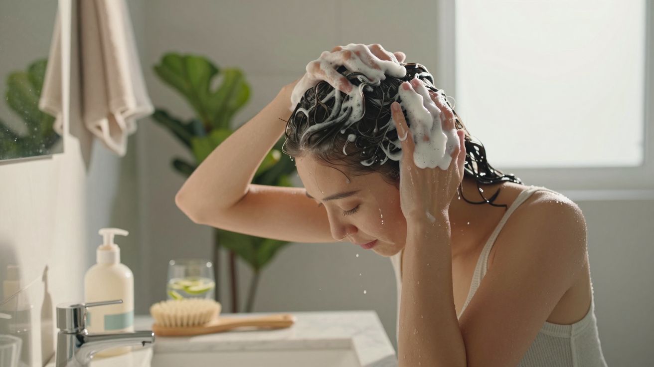 Femme lavant ses cheveux avec du shampoing mousseux dans une salle de bain lumineuse.