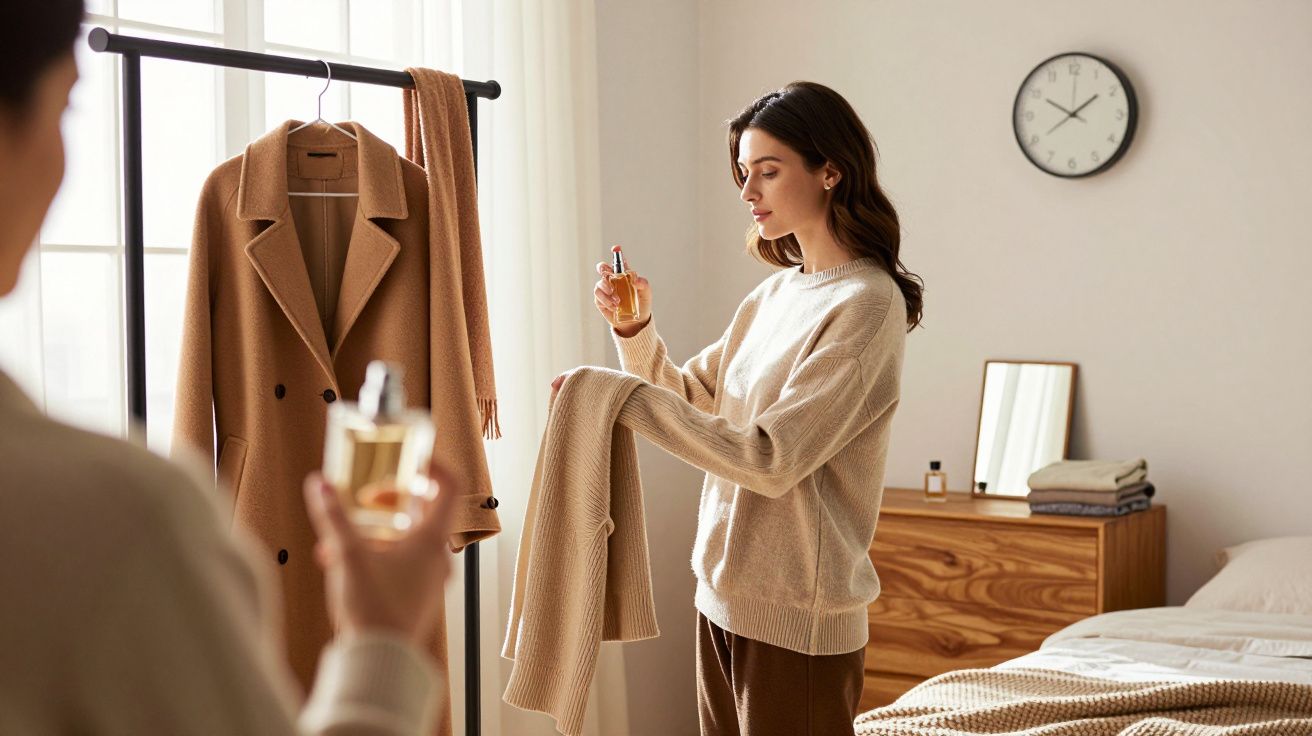 Femme dans une chambre tenant un pull beige et un flacon de parfum près d'un manteau suspendu sur un portant.