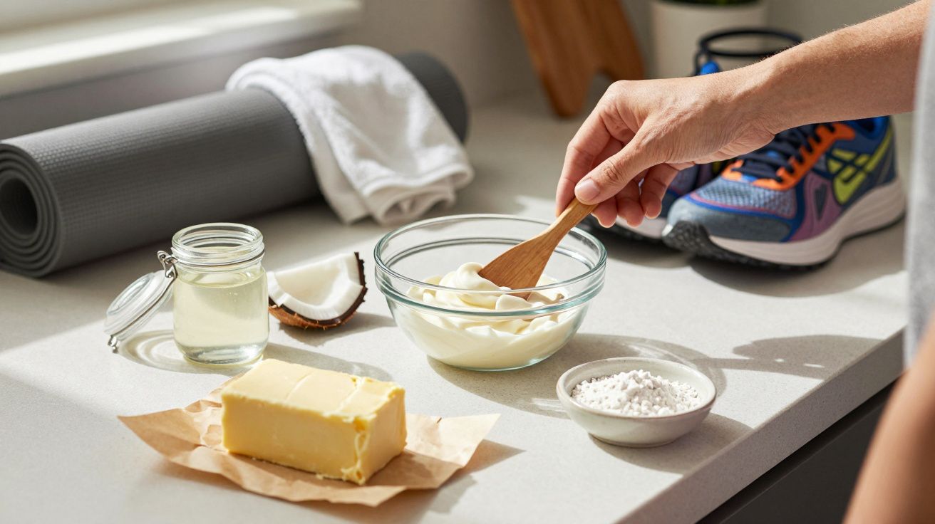 Main remuant une cuillère dans un bol de yaourt avec ingrédients et accessoires de sport en arrière-plan.