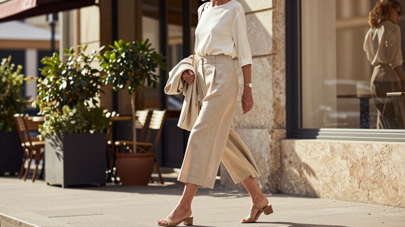 Femme élégante en tenue beige marchant près d’un café avec des plantes en pot sur un trottoir ensoleillé.