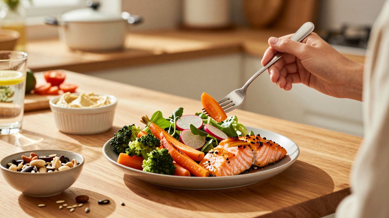 Assiette de saumon, carottes, brocoli et salade verte dégustée à la fourchette dans une cuisine lumineuse.