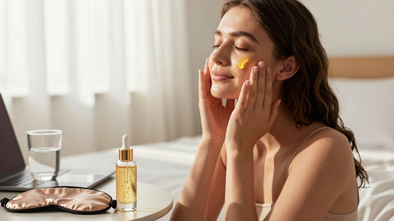 Jeune femme appliquant un sérum visage jaune dans une chambre lumineuse, avec un masque de sommeil sur la table.
