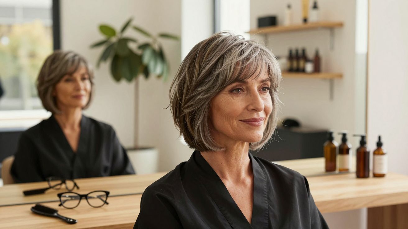 Femme aux cheveux courts et grisonnants, portant une robe noire, assise devant un miroir dans un salon.
