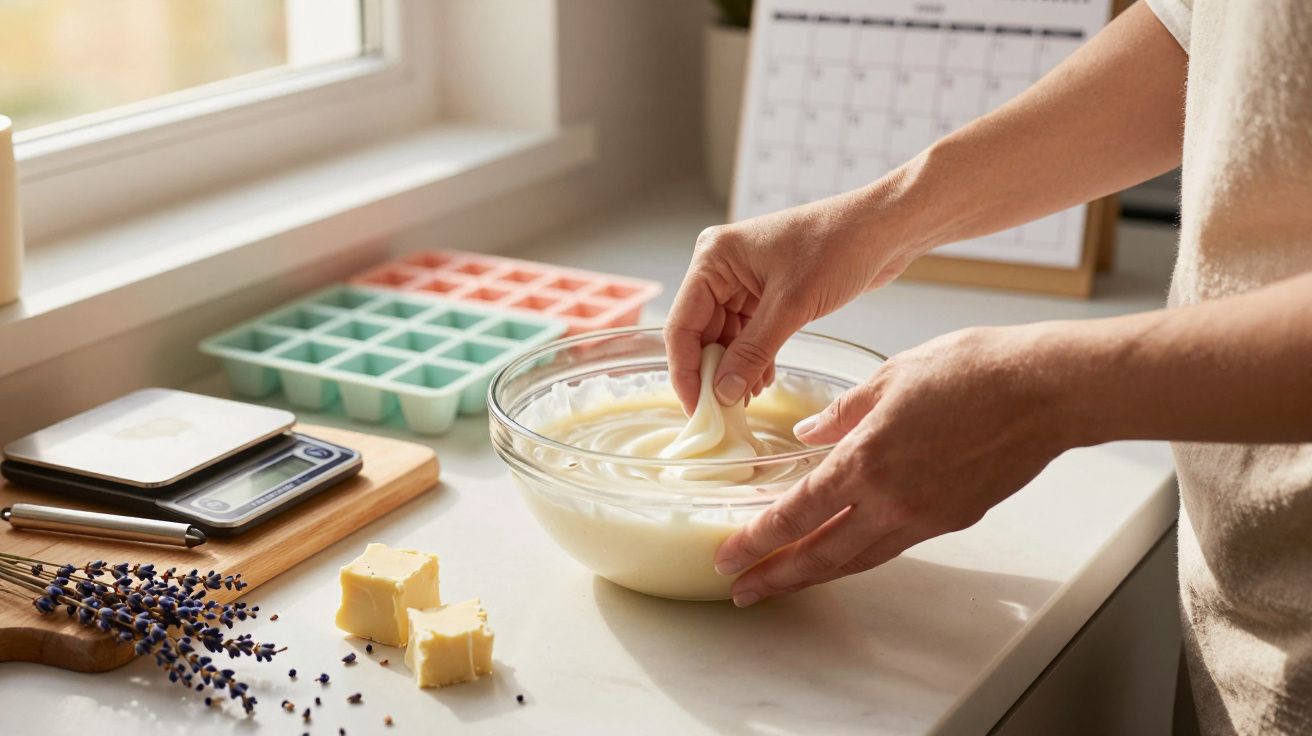 Mains mélangeant une crème blanche dans un bol en verre sur un plan de travail près d'une fenêtre avec des moules et du beurr