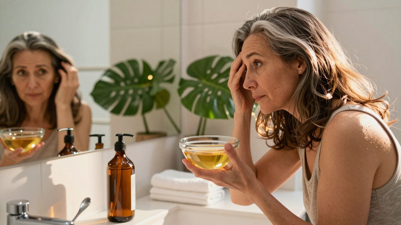 Femme d'âge moyen examinant sa peau dans un miroir de salle de bain, tenant un bol de liquide jaune.