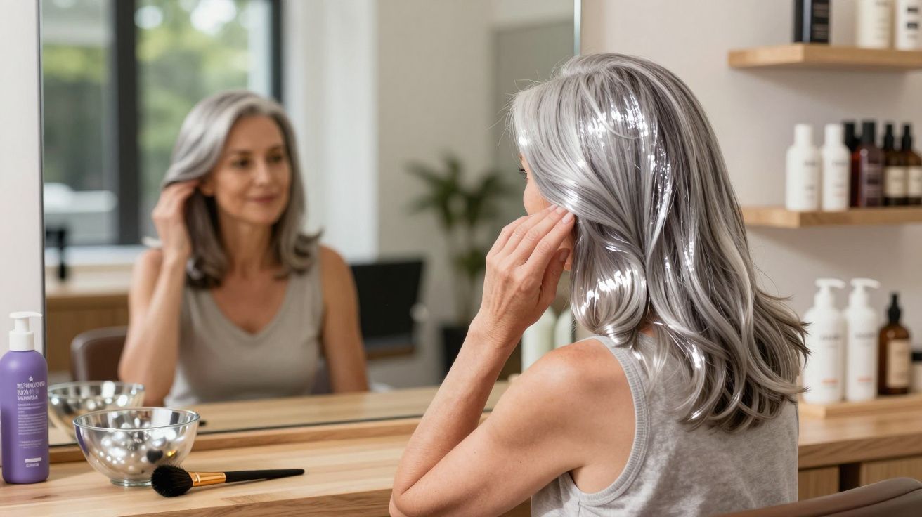 Femme âgée aux cheveux gris longs se regardant dans un miroir dans un salon avec des produits de beauté.