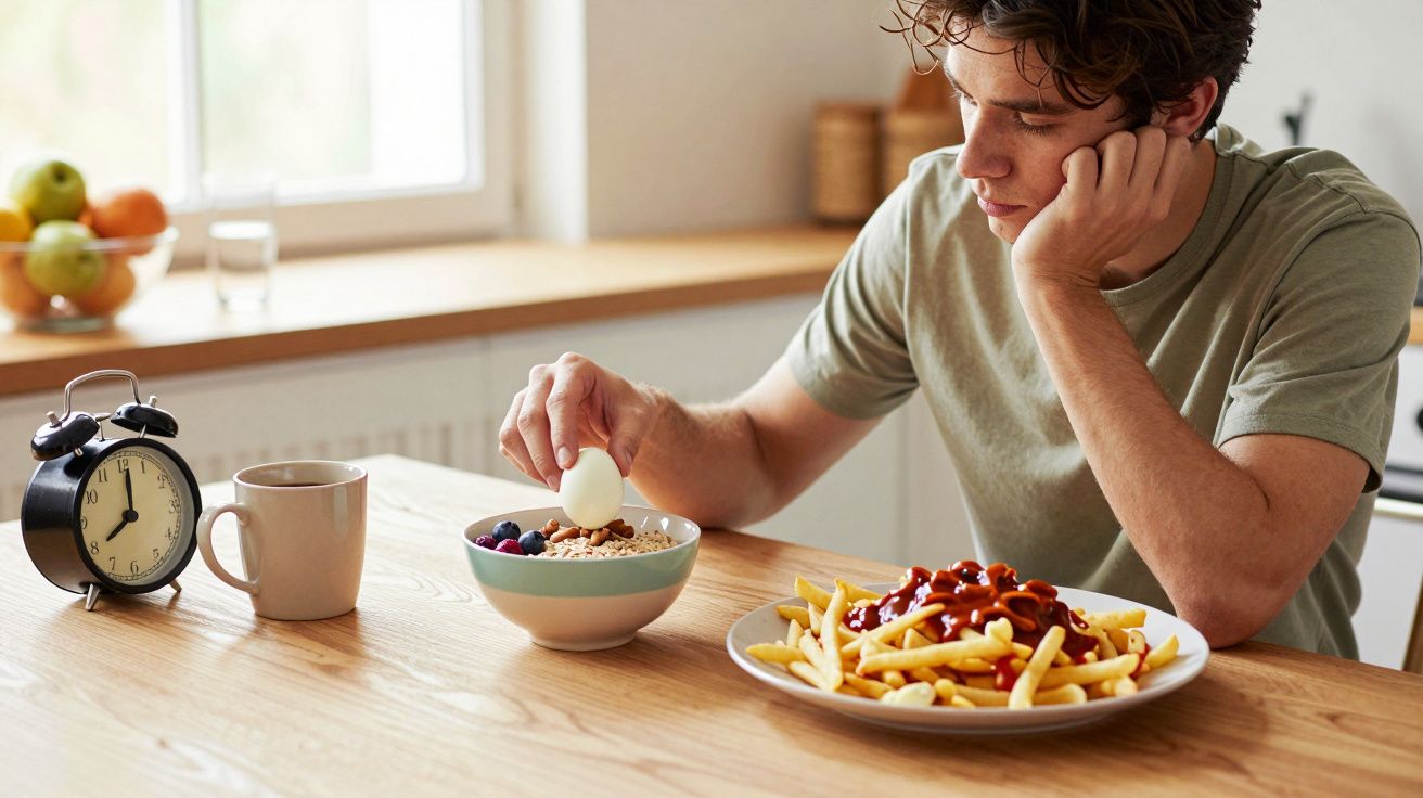 Jeune homme assis à une table posant un œuf dur dans un bol de céréales, avec des frites et un réveil.