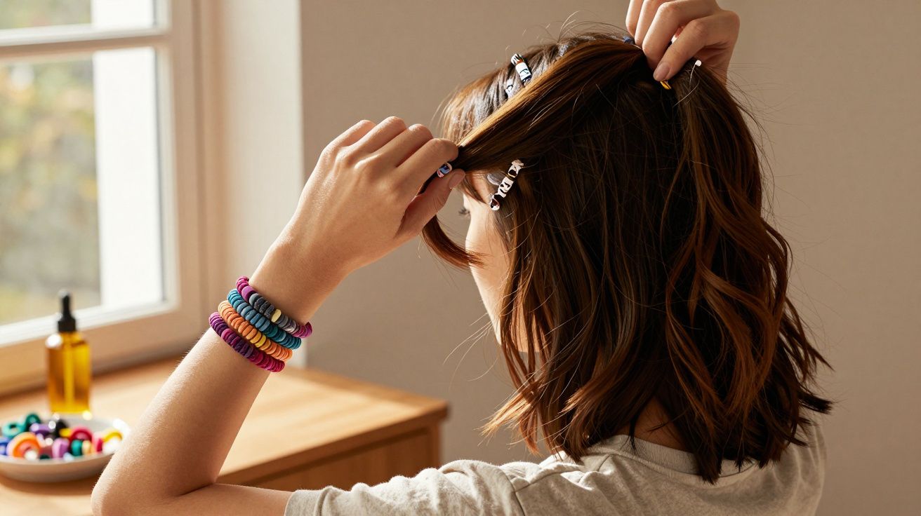 Femme vue de dos, corrigeant ses cheveux bruns avec des pinces, bracelets colorés au poignet, près d'une fenêtre.