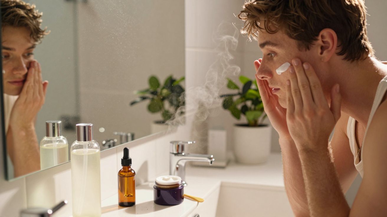 Jeune homme appliquant une crème hydratante sur son visage devant un miroir dans une salle de bain lumineuse.