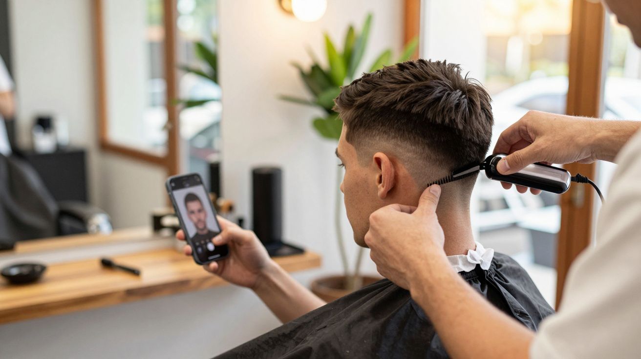 Jeune homme se faisant couper les cheveux avec une tondeuse dans un salon de coiffure moderne.