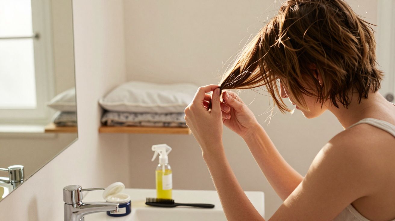 Femme regardant ses cheveux mouillés dans un miroir, préparant une routine capillaire dans une salle de bain lumineuse.