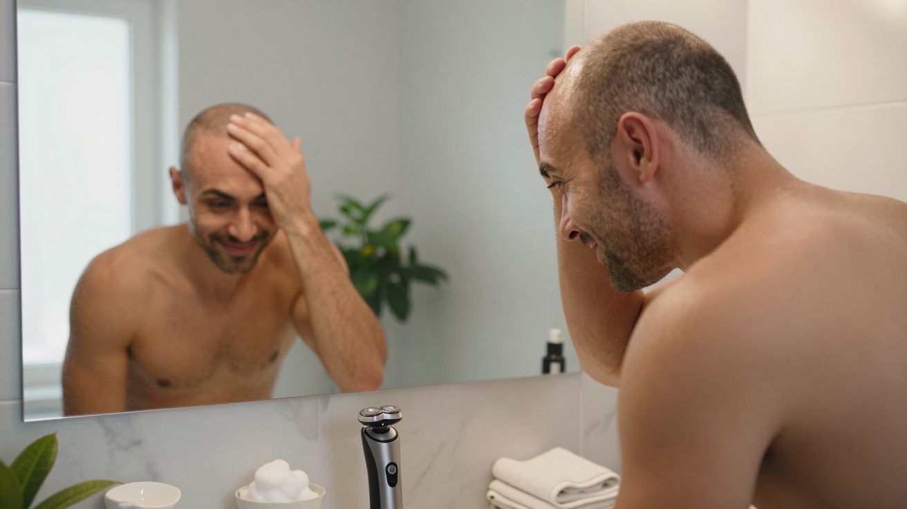 Homme souriant se regardant dans le miroir de la salle de bain en se touchant la tête.