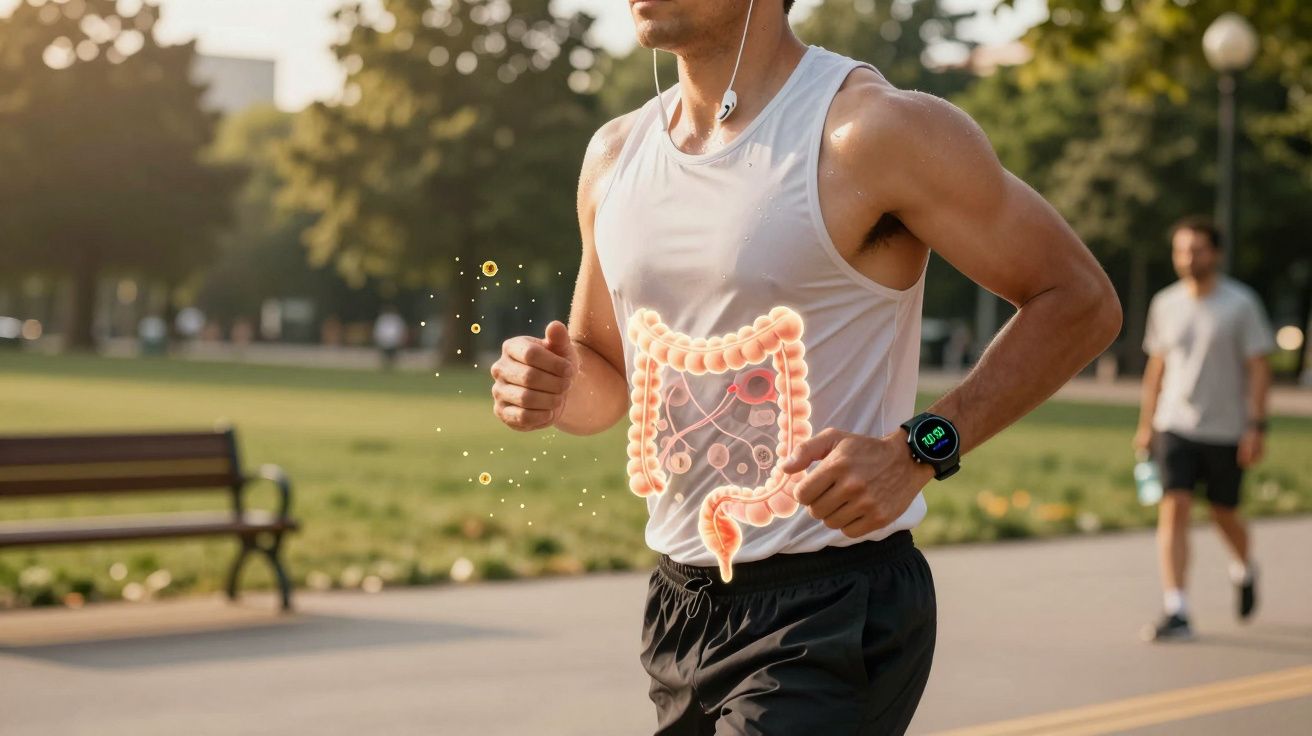 Homme courant en extérieur avec illustration numérique du côlon et système digestif superposée sur son torse.