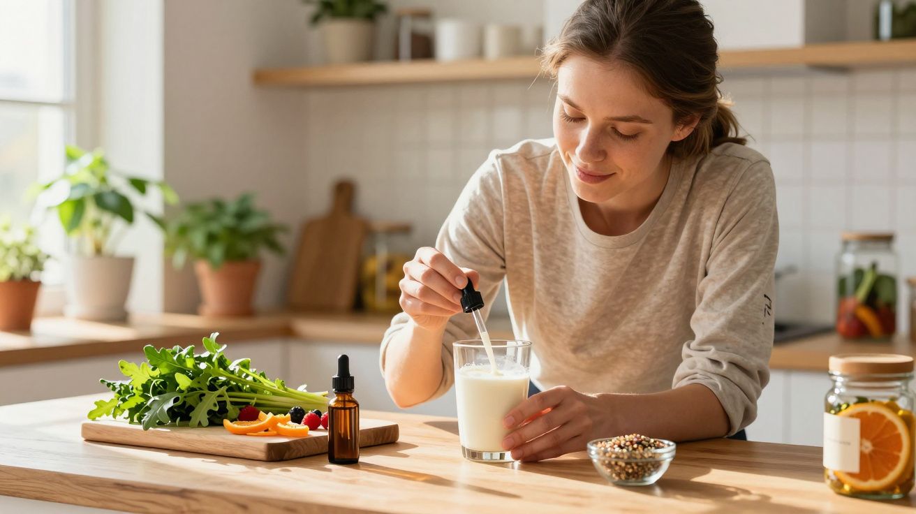 Femme dans une cuisine ajoute une goutte de liquide dans un verre de lait, plantes et fruits sur la table.