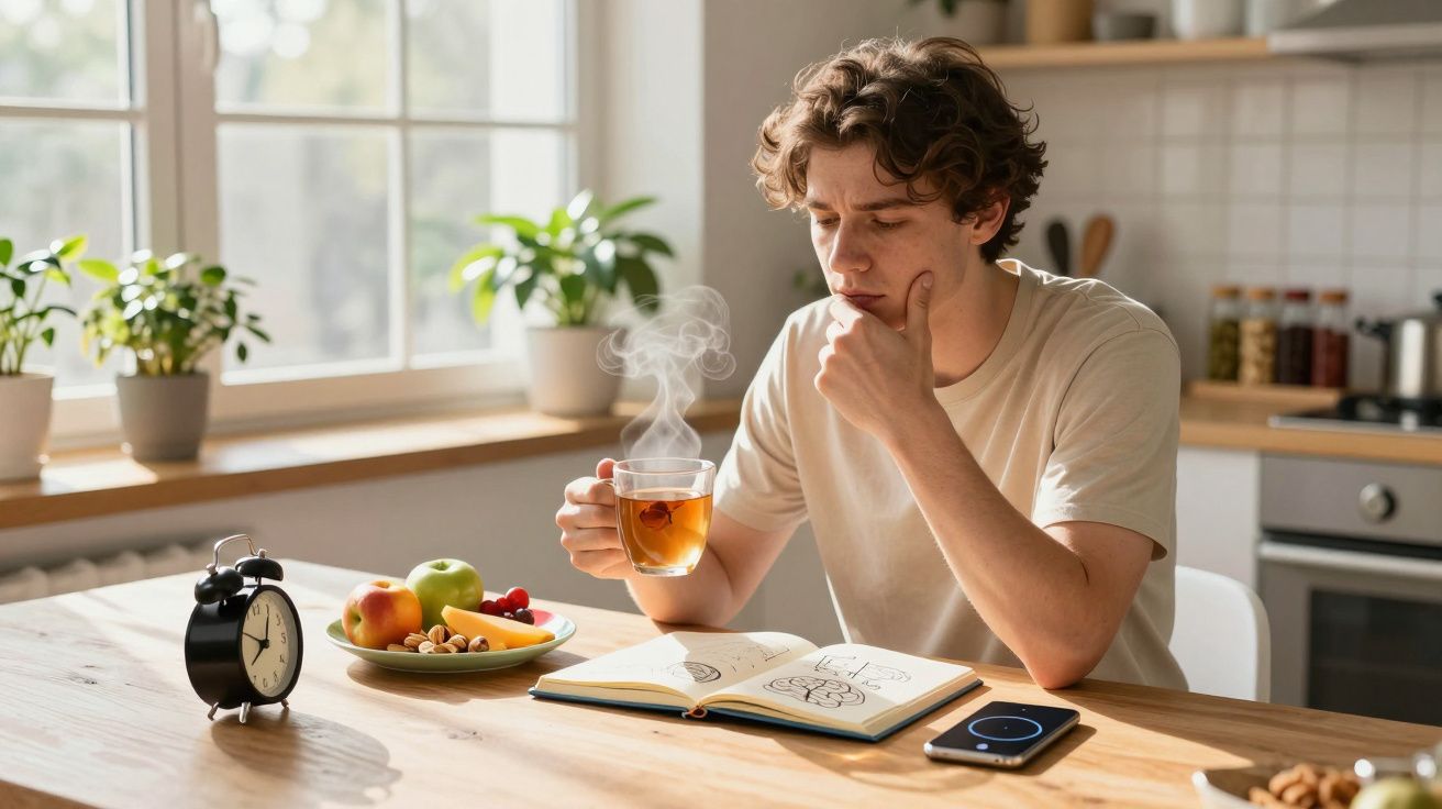 Jeune homme pensif buvant une tasse de thé chaud en lisant un livre dans une cuisine lumineuse.
