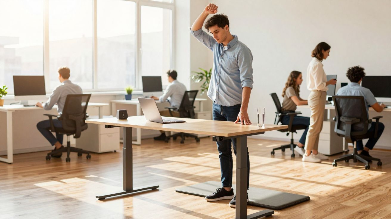Jeune homme stressé debout près d'un bureau réglable dans un bureau avec ses collègues travaillant aux ordinateurs.