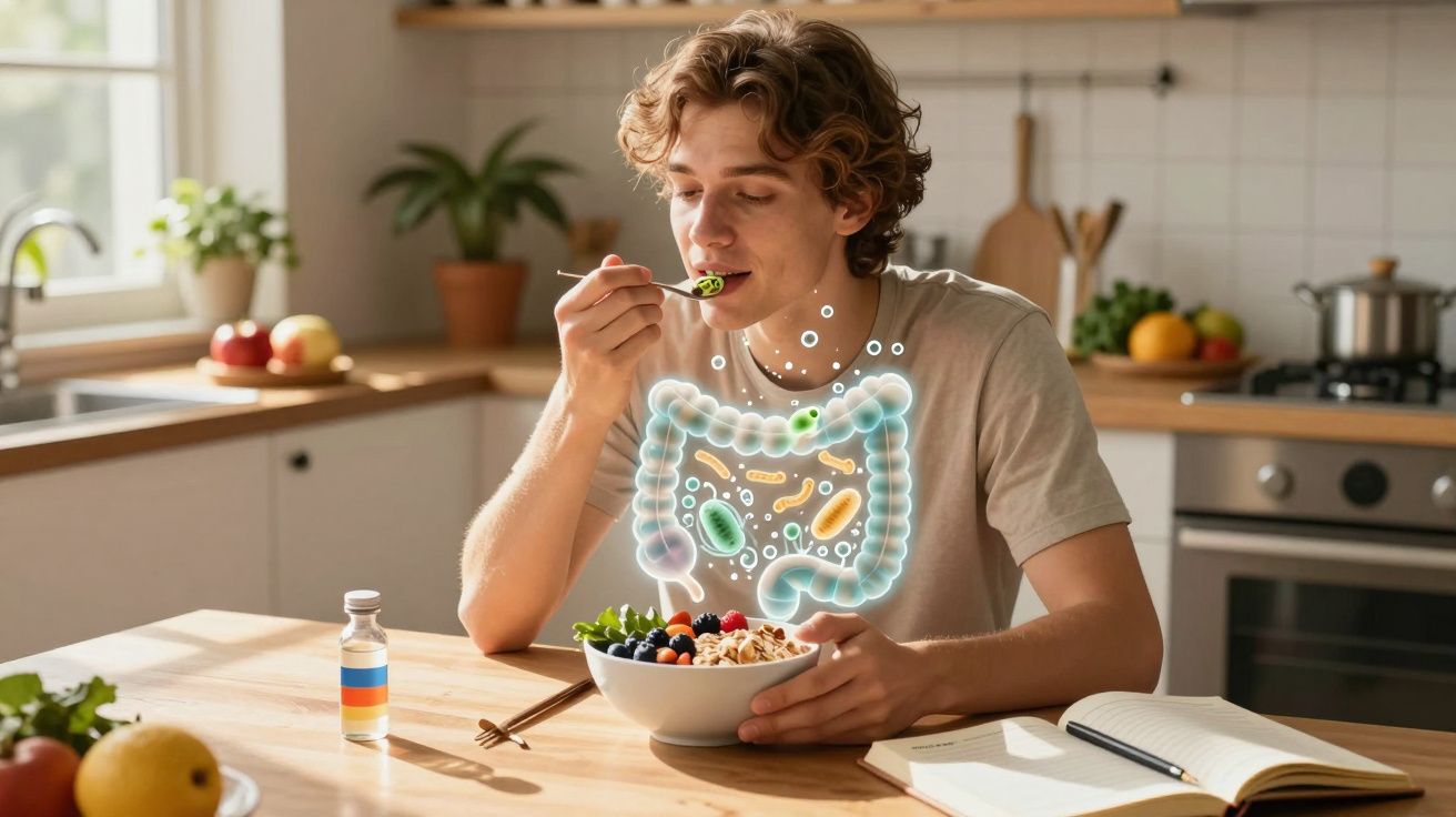 Jeune homme mangeant une salade saine avec illustration des bactéries intestinales dans une cuisine lumineuse.