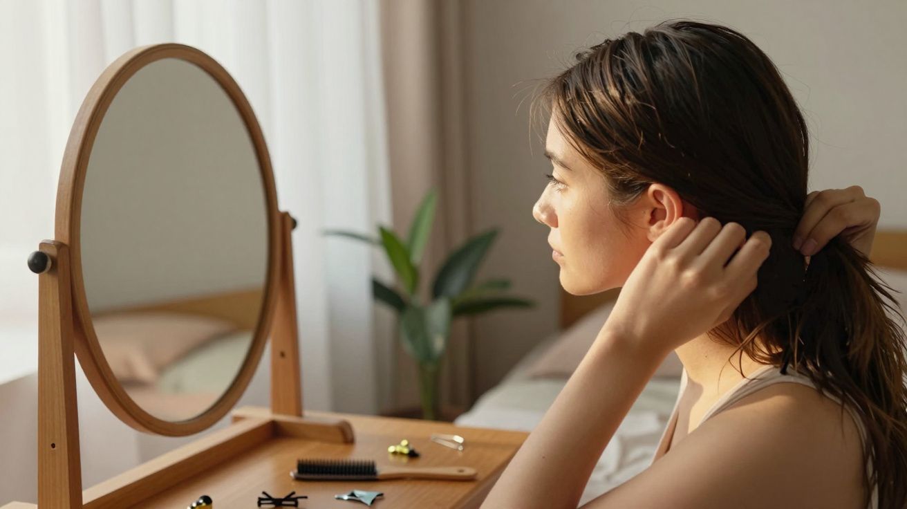 Jeune femme attachant ses cheveux devant un miroir rond en bois dans une chambre lumineuse.
