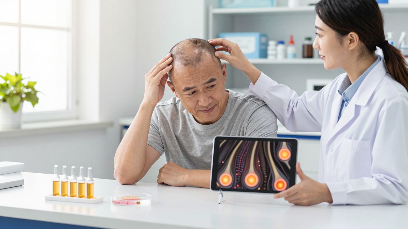 Un médecin examine le cuir chevelu d'un patient tandis qu'elle montre une image numérique de follicules pileux.