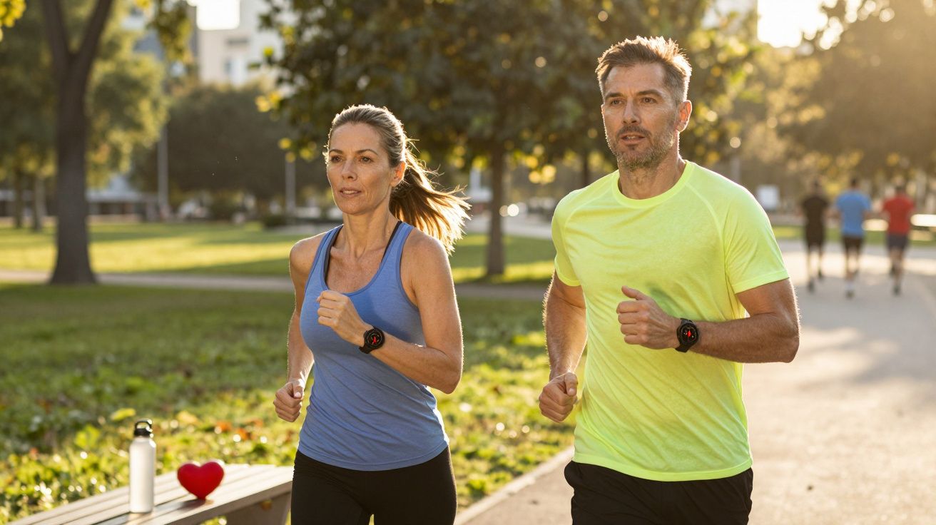 Un homme et une femme courant dans un parc au lever du soleil portant des montres de sport.