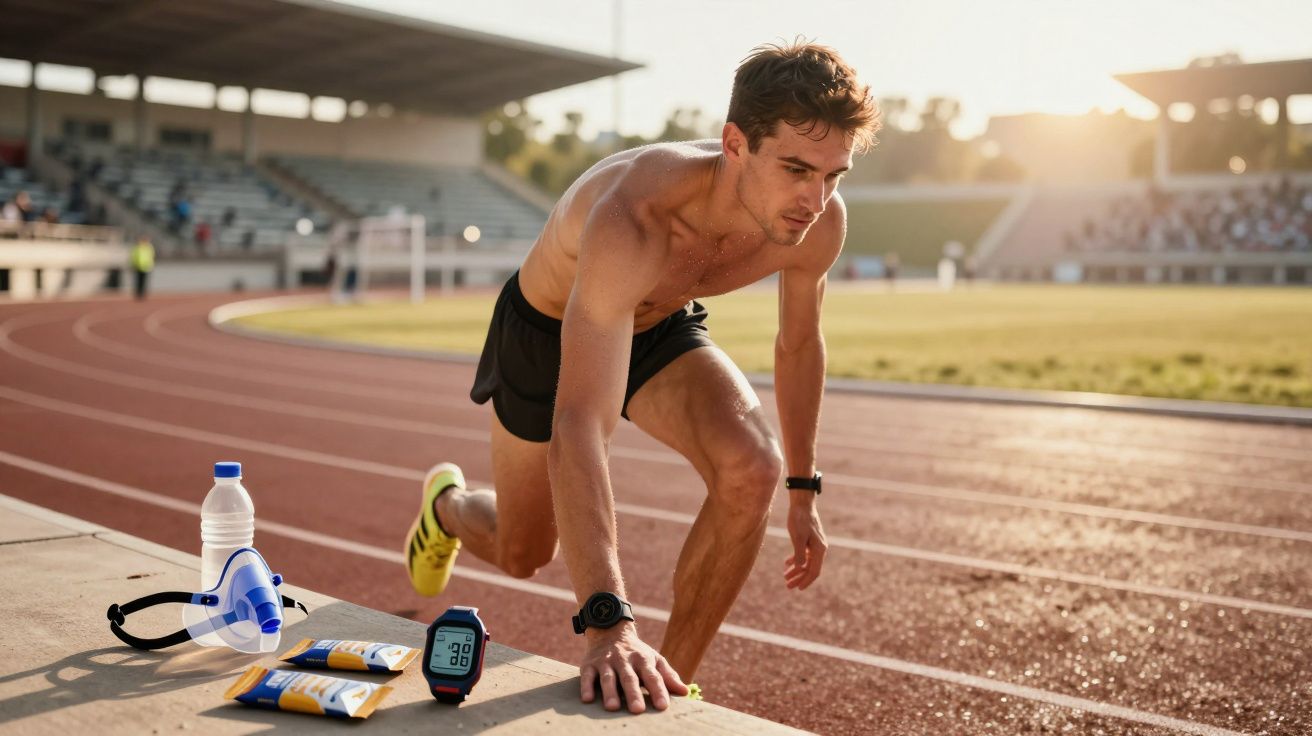 Athlète prêt à courir sur piste d'athlétisme avec équipements de sport et montre au sol au coucher du soleil.