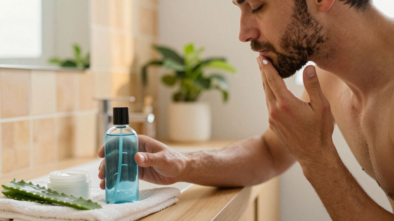 Homme appliquant un soin visage, bouteille bleue et pot de crème posés sur une serviette blanche.