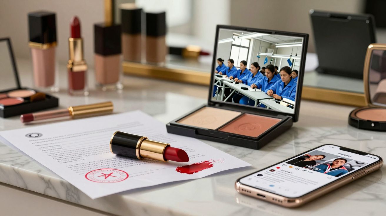 Bureau avec rouge à lèvres rouge renversé sur un document tamponné, palette de maquillage, et smartphone affichant un réseau 