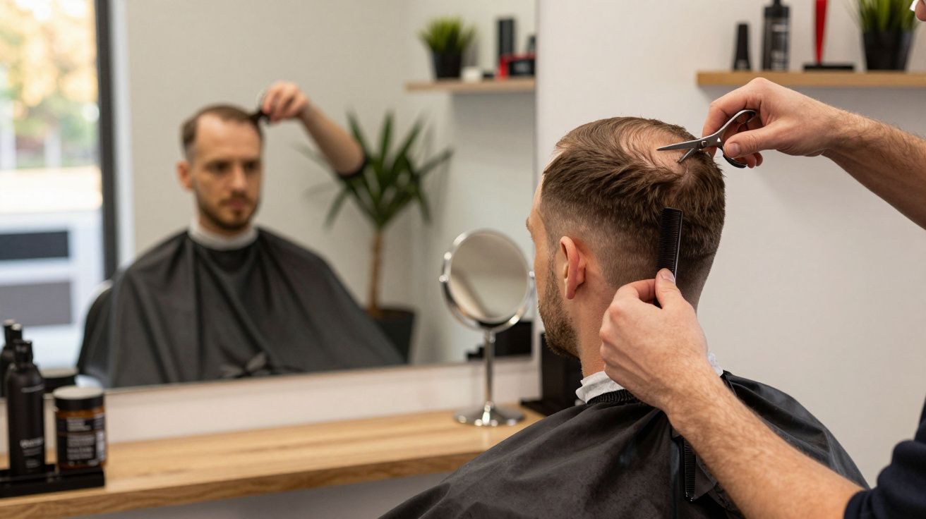 Un homme se fait couper les cheveux dans un salon de coiffure, reflet visible dans le miroir.