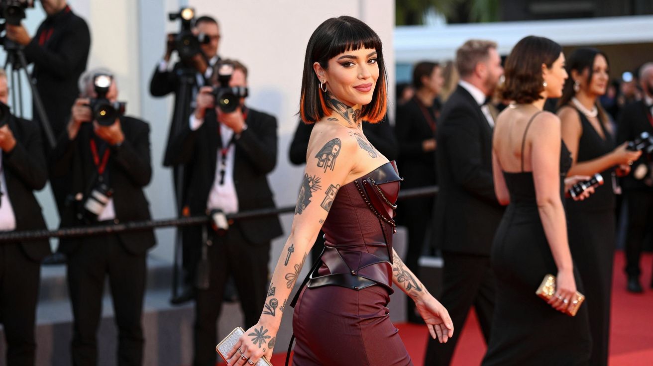 Femme élégante tatouée en robe bordeaux marchant sur un tapis rouge avec des photographes en arrière-plan.