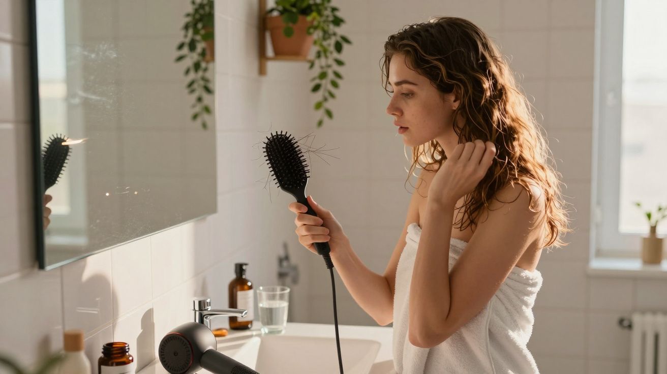 Jeune femme en peignoir examinant une brosse à cheveux électrique dans une salle de bain lumineuse.