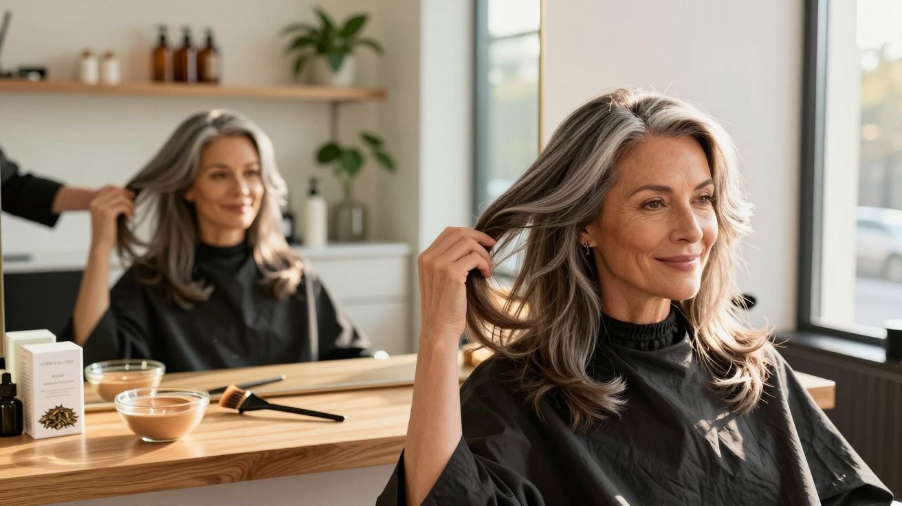 Femme aux cheveux grisonnants assise dans un salon de coiffure, touchant ses cheveux devant un miroir.