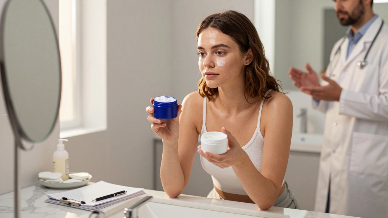 Femme appliquant une crème hydratante au visage dans une salle de bain, médecin en arrière-plan.