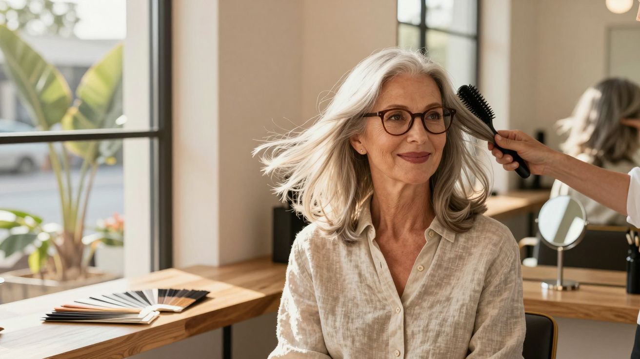 Femme âgée souriante aux cheveux gris coiffés dans un salon lumineux avec un coiffeur.