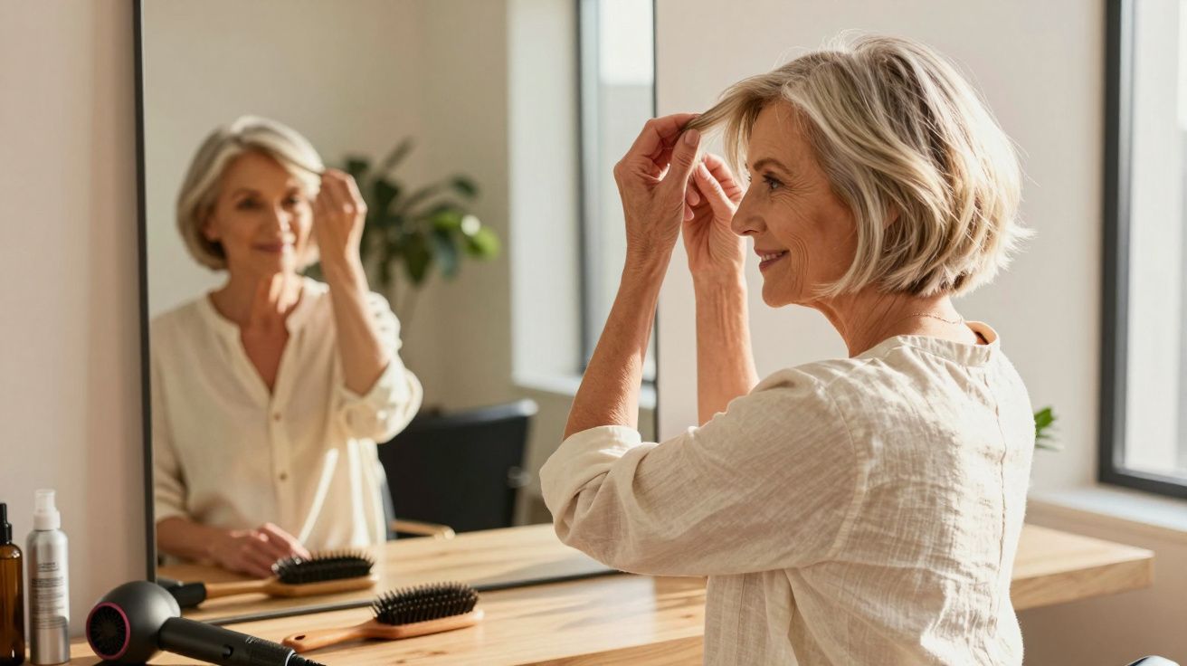 Femme mûre souriante coiffant ses cheveux courts devant un miroir dans une pièce lumineuse.