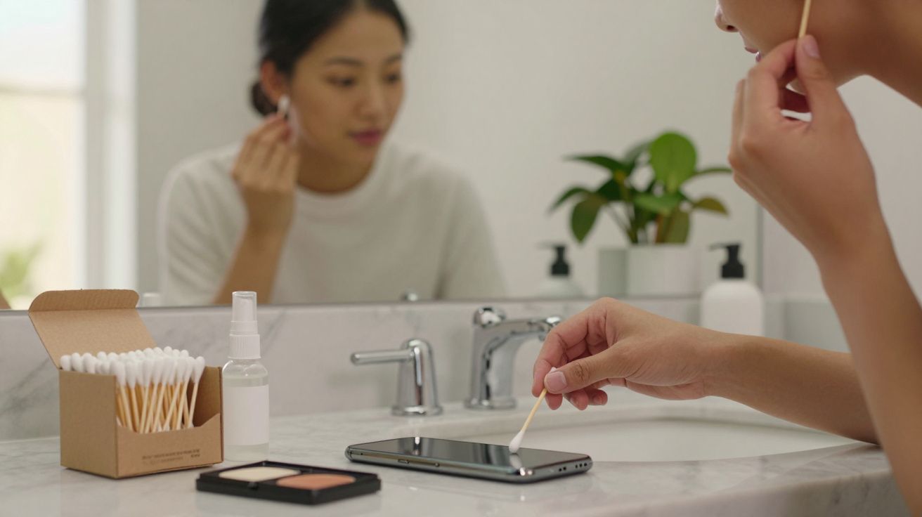 Femme utilisant un coton-tige devant un miroir, avec maquillage, téléphone et produits de soins sur le lavabo.