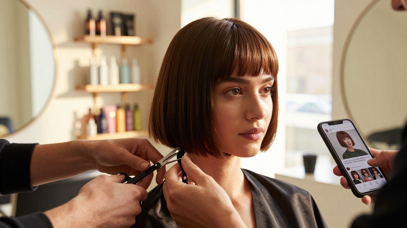 Femme recevant une coupe de cheveux au carré dans un salon, coiffeur coupant ses pointes en s’aidant d’une photo sur téléphon