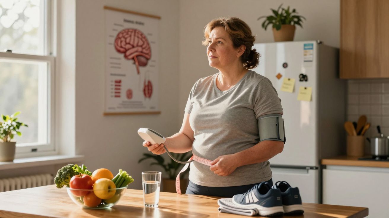 Femme prenant sa tension artérielle dans une cuisine, avec fruits, légumes, verre d'eau et chaussures de sport sur la table.