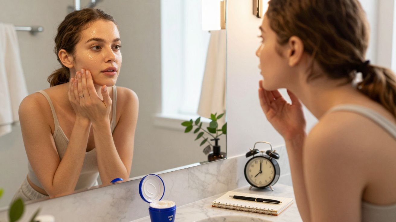 Jeune femme appliquant de la crème hydratante sur son visage devant un miroir dans une salle de bain.