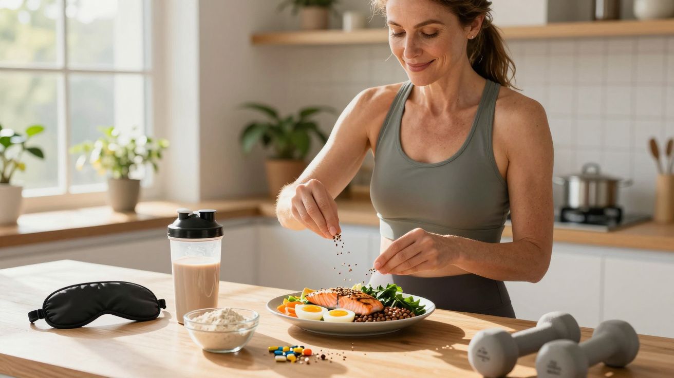 Femme souriante prépare un repas sain dans une cuisine lumineuse avec des légumes, œufs et saumon.