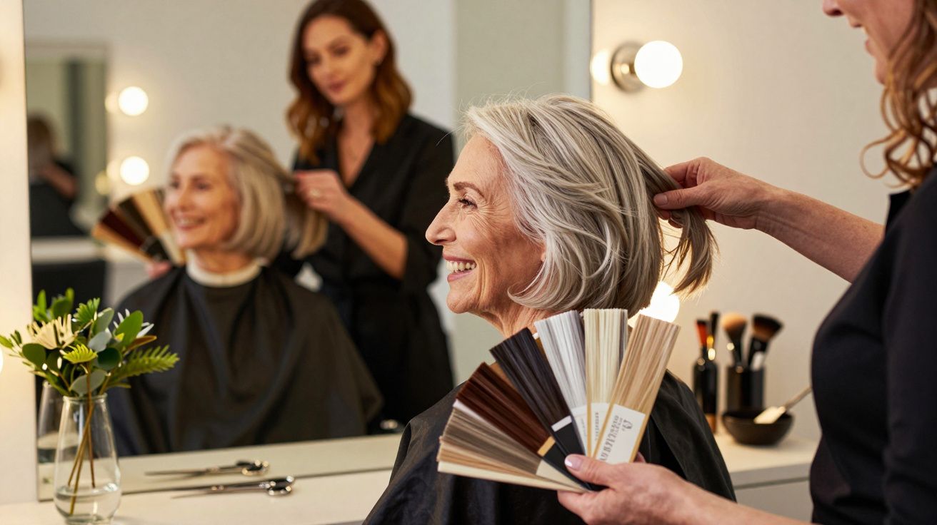 Femme souriante en cabine de coiffure choisissant une couleur de mèches grises avec coiffeuse.
