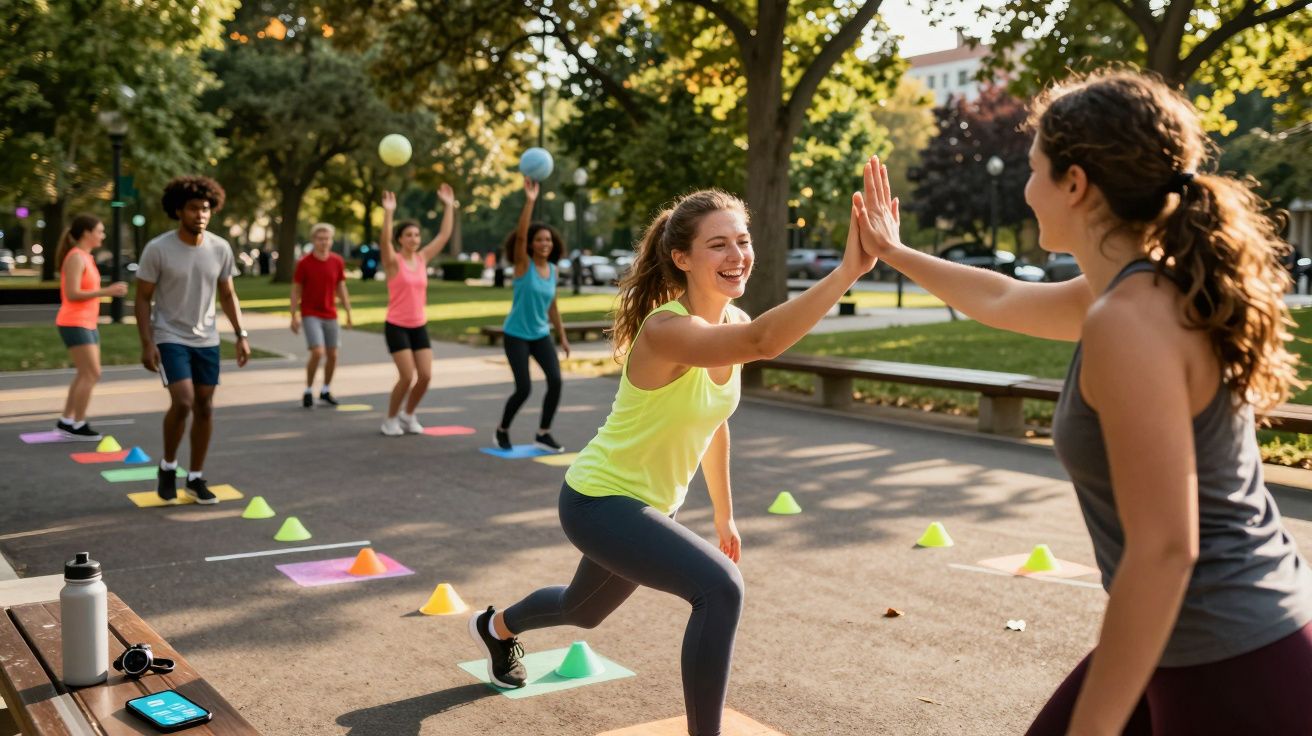 Jeunes adultes s’entraînant en plein air dans un parc, s’encourageant avec un high five joyeux.