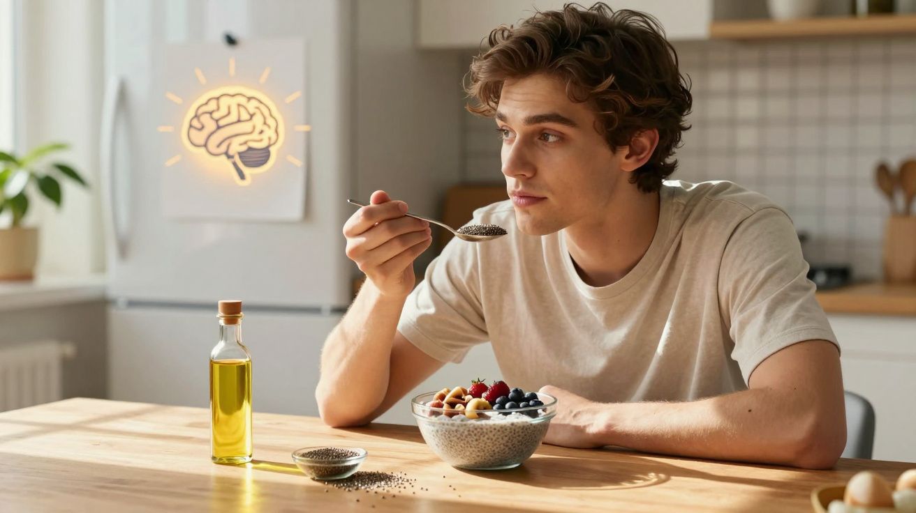 Jeune homme mangeant un bol de graines de chia et fruits frais dans une cuisine lumineuse.