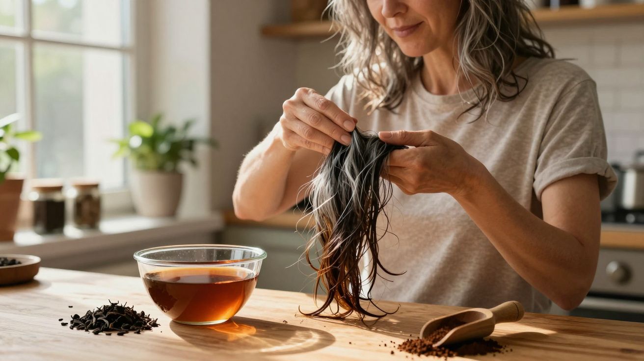 Femme tenant des algues humides près d'un bol de décoction brune sur une table en bois dans une cuisine.